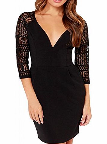 Dear-lover Womens V-Neck Hollow Out Half Sleeves Lace Sleeve Mini Dress One Size Black