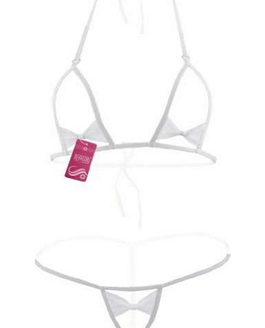 Deargirl Bow-knot Open Cup Bra Top and Open Crotch G-string Set (One Size, White)