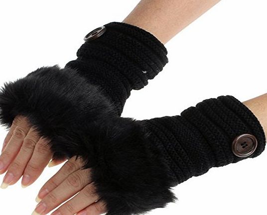 Decorie Women Warm Winter Faux Rabbit Fur Wrist Fingerless Mittens Gloves (Black)