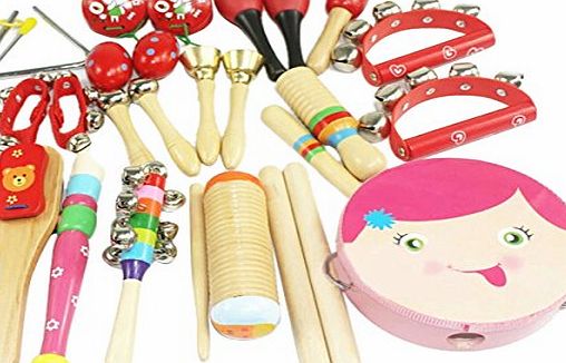 DEHANG 16 Piece Wooden Roll Drum Musical Toy Instruments Kit for Kids Children and Baby Gift Set-Pink