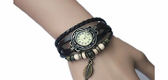 Fashion Accessories Retro Weave Wrap Around Leather Bracelet with Vintage Leaf Pendant Lady Wrist Watch Women Quartz Nature Stlye Watch Black