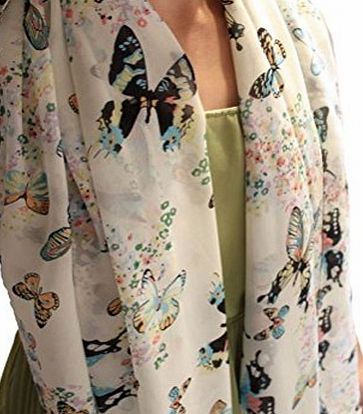 Demarkt Fashion Women Chiffon Wrap Butterfly Print Bowknot Pattern Scarf Shawl Scarves Off-White