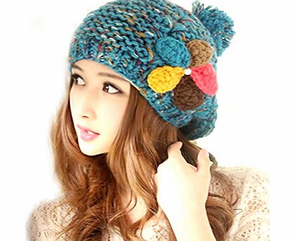 Demarkt Lady Girls Fresh Colour Flower Beanie Beret Warm Winter Knitted Hat Cap (Blue)