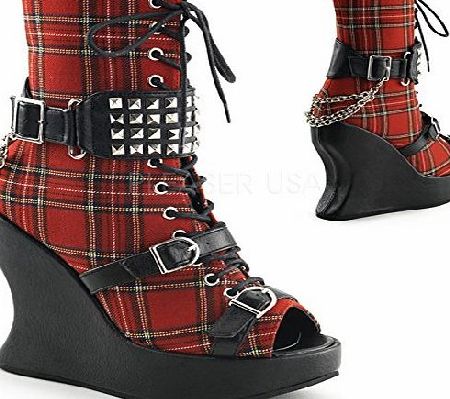 Demonia  BRAVO-89 Womens Hot Fashion 5`` Wedge Platform, Lace Up Calf High Boot, Color:RED PLAID FABRIC-BLACK PU, US Size:7