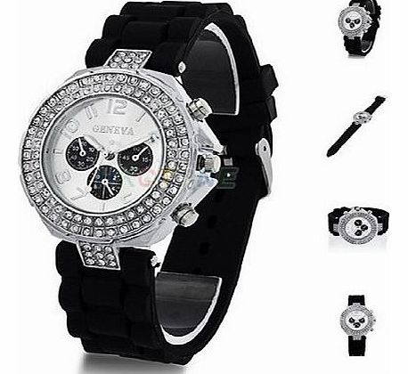 Denis Charm New Fashion 12 Color Available Ladies Brand GENEVA Watch Classic Gel Crystal Silicone Jelly Watch (Black)