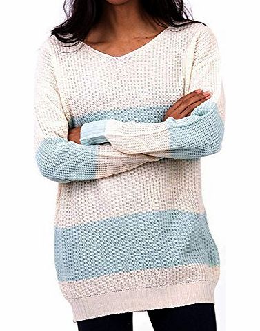 Designer Collection New Ladies Long Stripy Jumper Pink Blue Cream Relaxed Fit Knitwear
