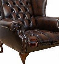 Chesterfield Mallory Buttoned Seat Flat Wing Queen Anne High Back Wing Chair UK Manufactured Antique Brown