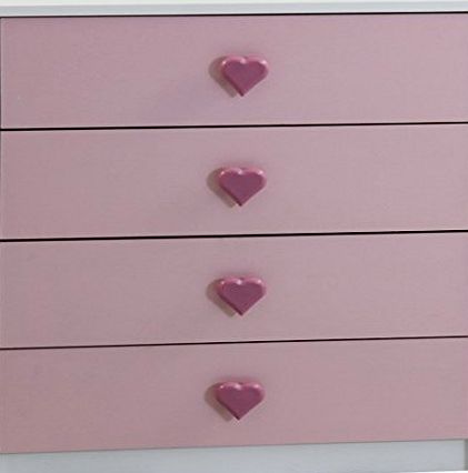 Childrens Bedroom Furniture - Hearts 4 drawer chest of drawers white and pink heart handle