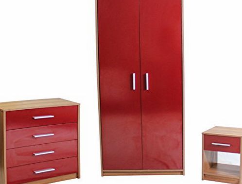 Devoted2Home Glossop 3 Piece Bedroom Furniture Set - Chest/Robe/Bedside Cabinet - Walnut/Red Gloss