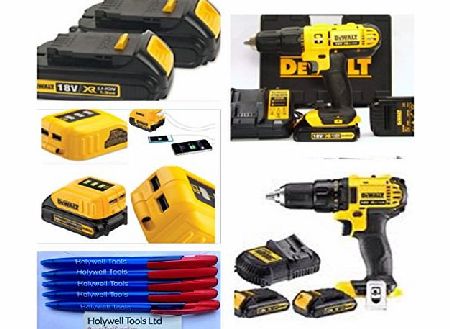 DeWalt  18V CORDLESS COMBI DRILL XR COMPLETE KIT X 2 LI-ION BATTERIES FAST CHARGER amp; FREE Dewalt USB Charger DCB090 WITH TWIN PORT CHARGING