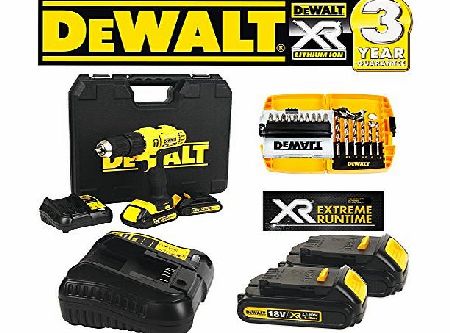 DeWalt  XR 18v Cordless Hammer Driver Drill With 2 x 1.3Ah Lithium Batteries DCB185 1 x DCB107 Rapid Charger And 16 Piece Dewalt Accessory Kit