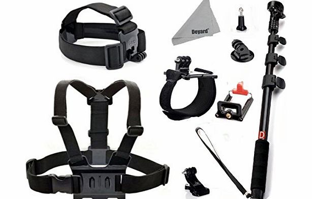 Deyard  ZG-634 GoPro Accessories Kit Set of 4 for GoPro HD Hero 1 2 3 3  amp;Hero 4 Silver Black Edition: Head Strap Mount   Chest Harness with J-hook Mount   Wrist Mount   Extendable Handheld Monopod