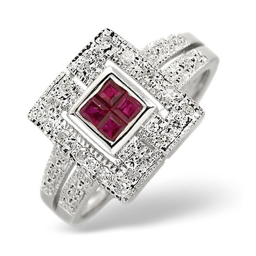 0.11 Ct Diamond and Ruby Ring In 9 Carat White Gold
