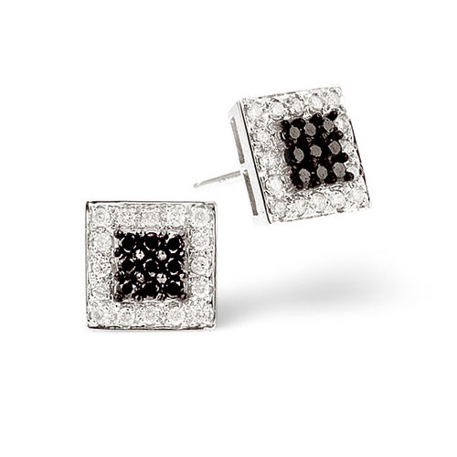 Diamond and Black Diamond Square Stud Earrings In 9 Carat White Gold