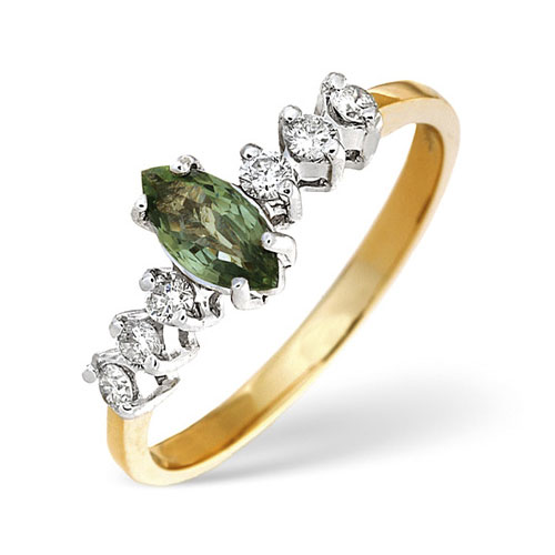 Marquise Cut Green Sapphire and 0.18 Diamond Ring In 9 Carat Yellow Gold