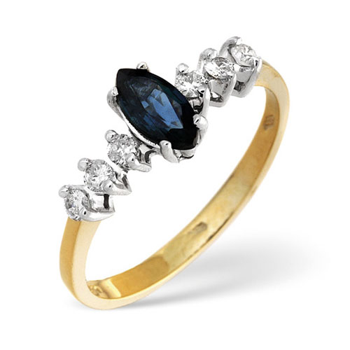 Marquise Cut Sapphire and 0.18 Diamond Ring In 9 Carat Yellow Gold