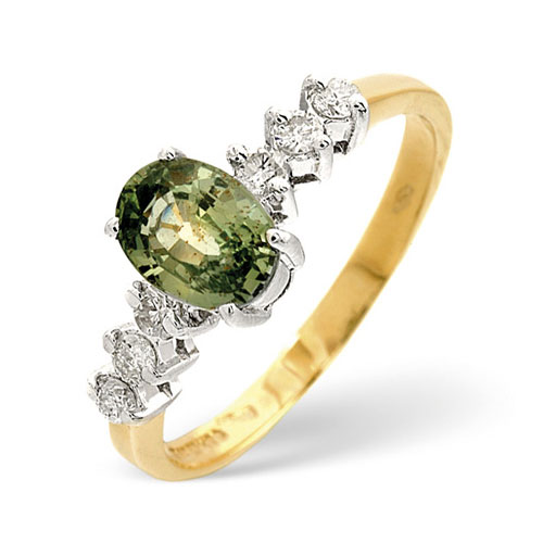 Oval Green Sapphire and 0.18 Diamond Ring In 9 Carat Yellow Gold