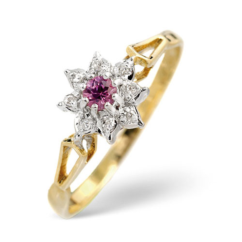 Pink Sapphire and 0.02 Ct Diamond Flower Ring In 9 Carat Yellow Gold