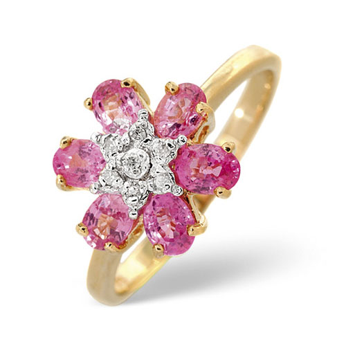 Pink Sapphire and 0.04 Ct Diamond Flower Ring In 9 Carat Yellow Gold