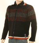 Mens Black with Cream & Brown Stitching Full Zip High Neck Wool Sweater
