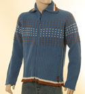 Mens Blue with Cream & Brown Stitching Full Zip High Neck Wool Sweater