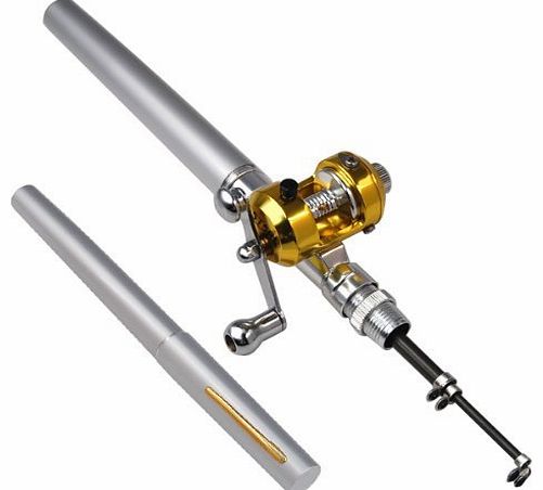  Mini Pocket Fishing Rod Pole & Golden Reel Pen - Silver