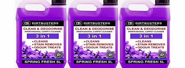 Dirtbusters NEW 4 in 1 Clean amp; deodorise Concentrate 3 X 5 Litres Professional Carpet amp; Upholstery extraction shampoo solution cleaner With spring Fresh Odour Neutraliser Built In. Suitable Fo