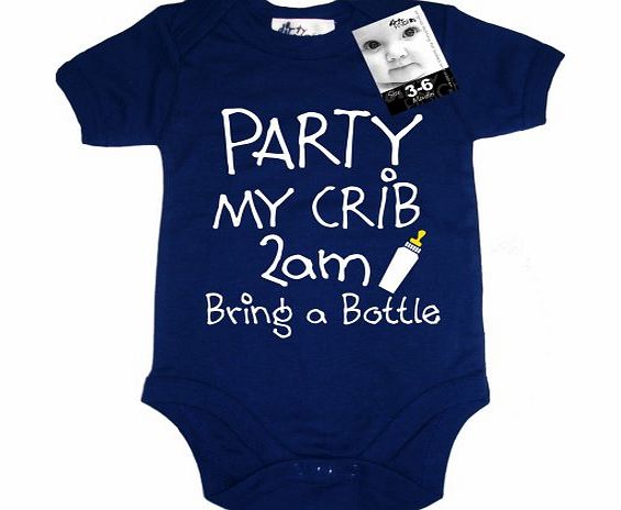 PARTY my crib 2am, Bring a Bottle, Baby Unisex Boy Girl Bodysuit, 3-6m, Blue