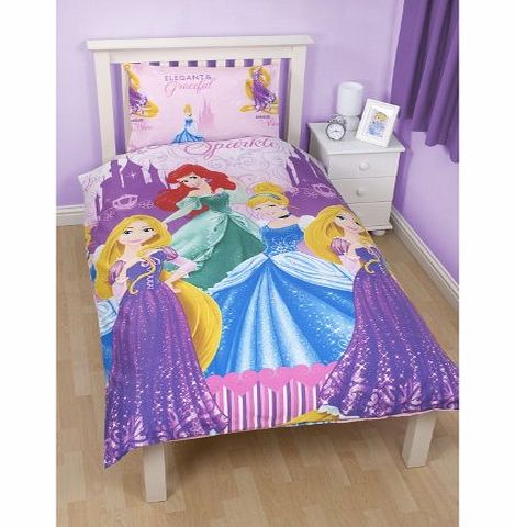 Girls Disney Princess Sparkle Reversible Single Duvet/Quilt Cover Bedding Set (Single Bed) (Pink/Blue)