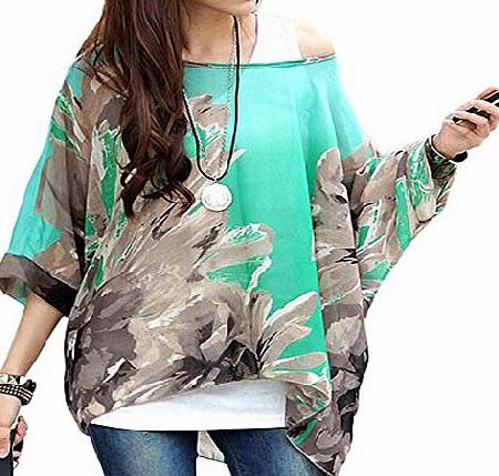 DJT Floral Batwing Sleeve Plus Chiffon Blouse Womens Loose Off Shoulder T-Shirt Tops Black Red Butterfly