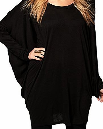 DJT Ladies Trendy Batwing Tee Womens Fashion Dolman Long Loose Black Tops T-shirt Blouse Size XL 14