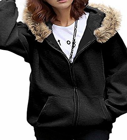 DJT Women Batwing Fur Hoody Warm Winter Coat Zip Hood Hoodie Cardigan Parka Overcoat Jacket Grey Size L