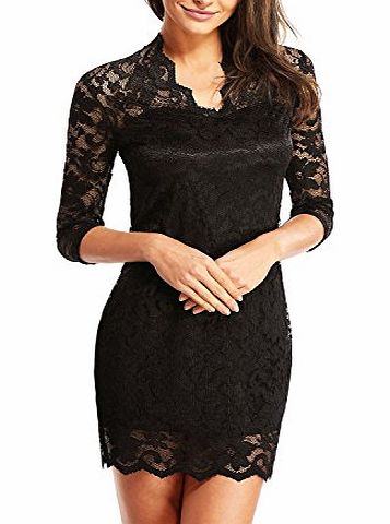 Women Sexy V-Neck 3/4 Long Sleeve Floral Lace 2 in 1 Layer Slim Midi Bodycon Sundress Evening Cocktail Clubwear Party Pencil Mini Dress Black Size M 10