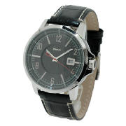 dkny MENS BLACK LEATHER ROUND FACE WATCH