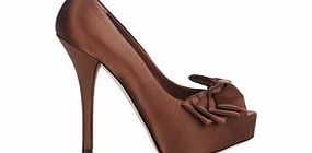 Brown satin peep-toe platform heels