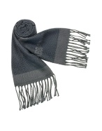 Dark Blue and Gray Logo Knit Wool Fringed Long Scarf
