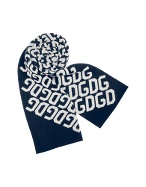 Dark Blue and White All Over Logoed Knit Long Scarf