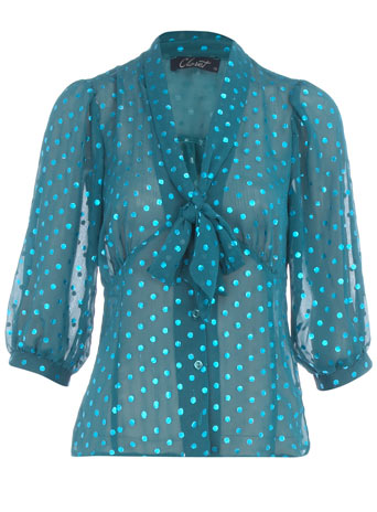 Teal spot pussubow blouse DP60000216
