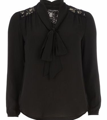 Dorothy Perkins Womens Black Lace Insert Pussybow Blouse- Black