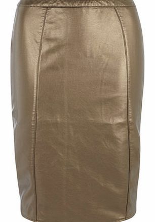 Womens Bronze Leather Look Pencil Skirt- Brown