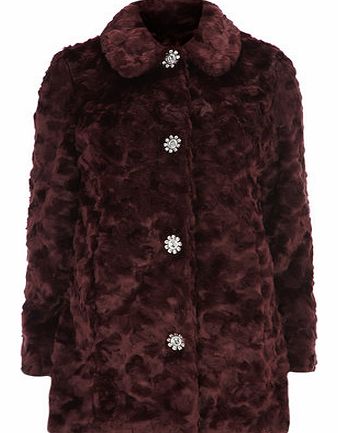 Womens Burgundy Diamante Button Faux Fur Coat-