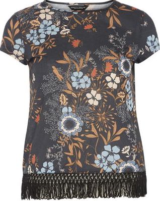 Dorothy Perkins, 1134[^]262015000709531 Womens Floral Fringe Hem T shirt- Black DP56452810