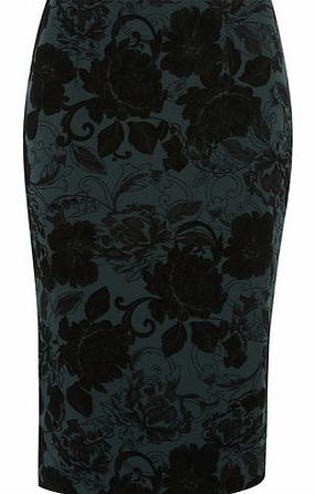 Womens Green and Black Flocked Pencil Skirt-