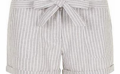 Womens Grey Stripe Linen belted Shorts-