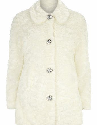 Womens Ivory Diamante Button Faux Fur Coat-
