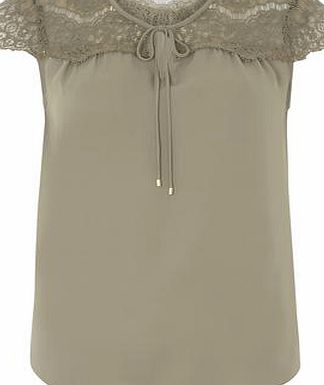Dorothy Perkins Womens Khaki Lace Yoke Top- Green DP05554085