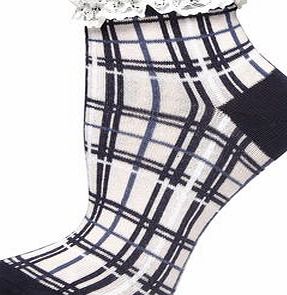 Dorothy Perkins Womens Navy and Pink Check Lace Top Socks- Blue
