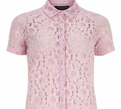 Womens Pink Lace Short Sleeve Shirt- Blush