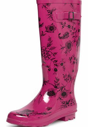 Womens Pink print knee wellies- Pink DP19897414