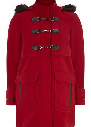 Womens Red Plush Faux Fur Duffle Coat- Red